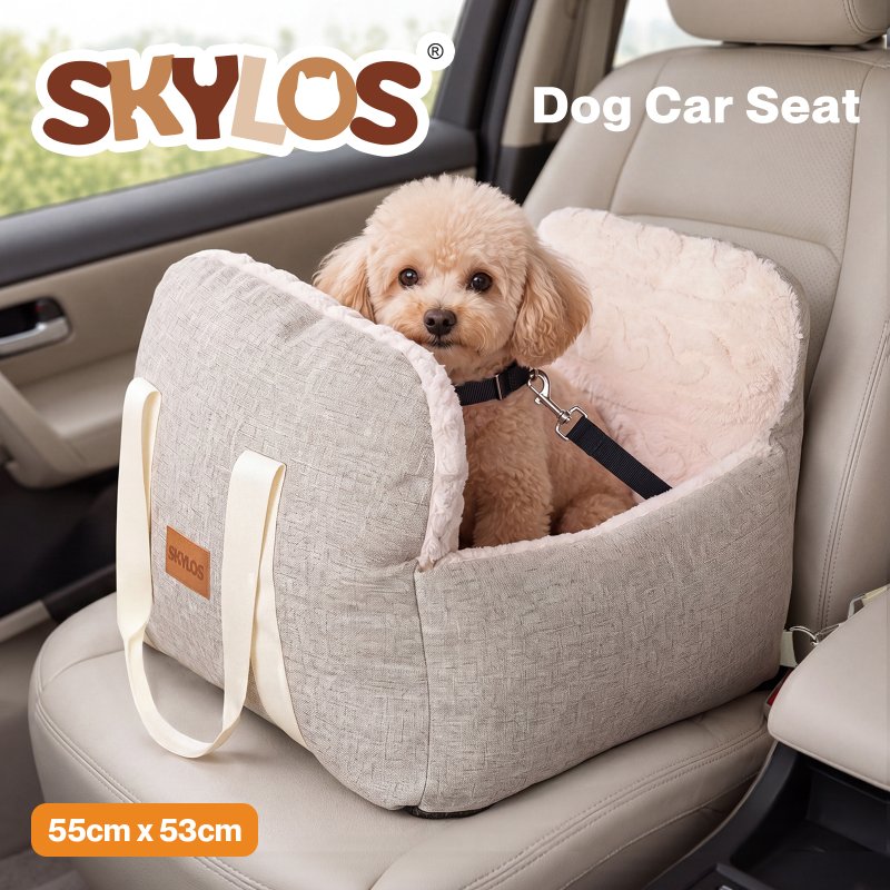 Skylos Dog Car Seat Safe Booster Bed Small Pets Travel Carrier Washable Beige