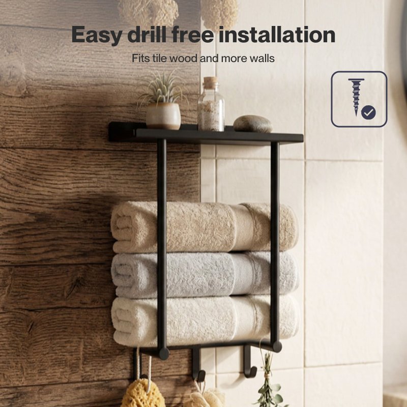 Levede Towel Rack Wall Mounted Shelf Bathroom Storage Holder with Hooks Black