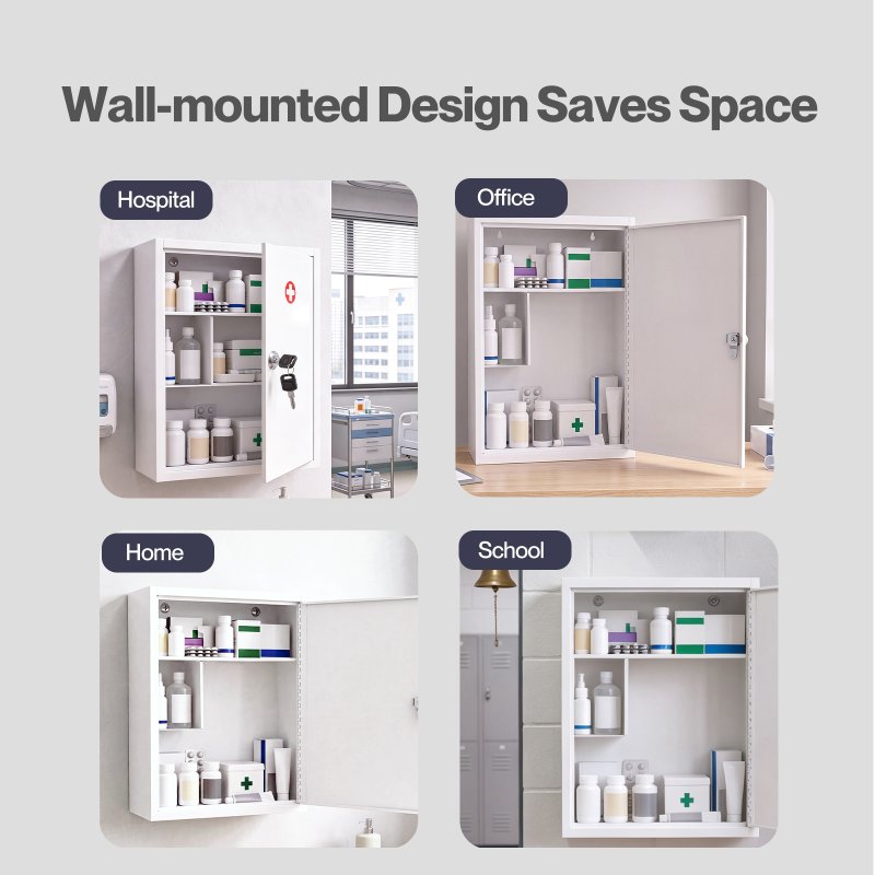 Levede Medicine Storage Box Lockable Steel Wall Cabinet 3-Tier White For Home Use