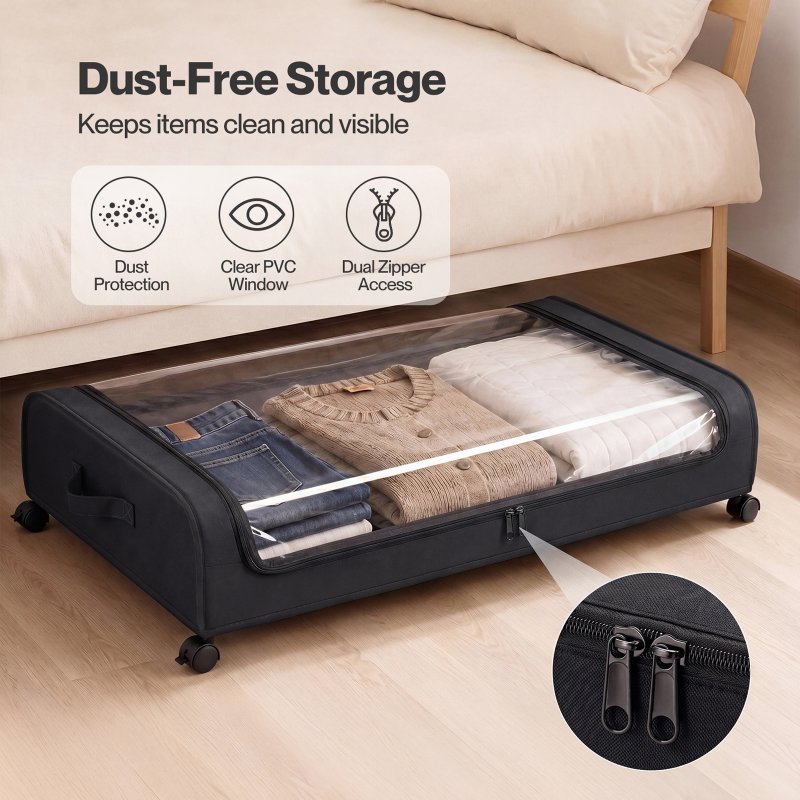 Levede Under Bed Storage Boxes with Lids, 46L x2, Rolling, Black, Oxford
