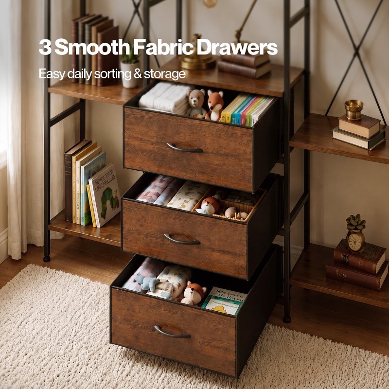 Levede Book Shelves 10 Open 3 Fabric Drawers Tall Storage Unit for Office Brown