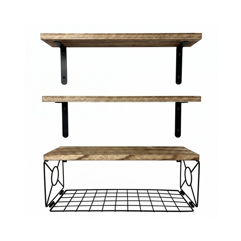 Levede Wood Floating Shelves 3 Tier Bathroom Wall Shelves with Storage Basket