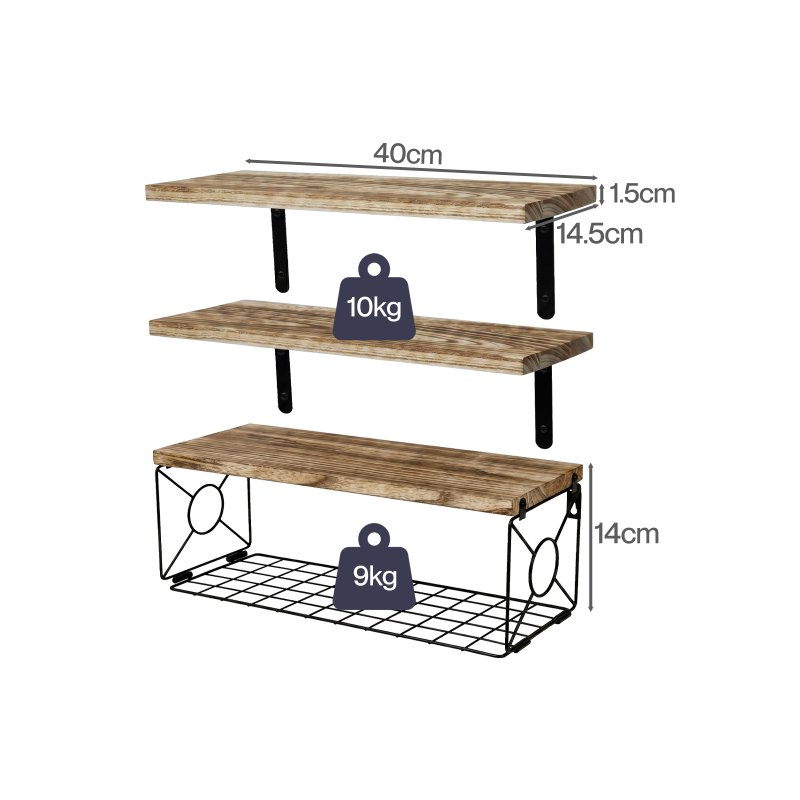 Levede Wood Floating Shelves 3 Tier Bathroom Wall Shelves with Storage Basket