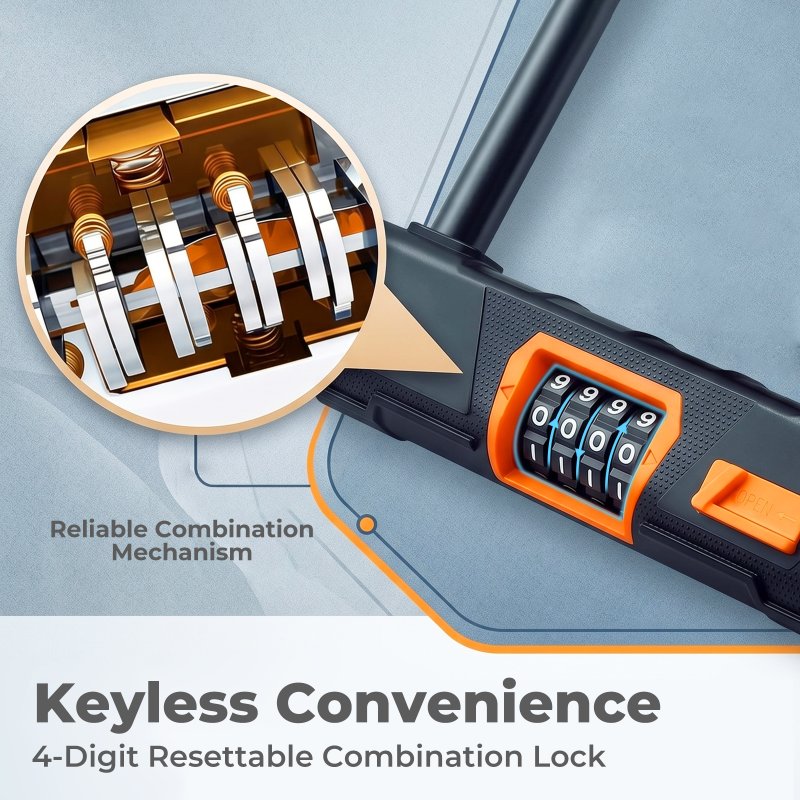 Bike Lock Combination, D Lock with Cable, 4 Digit Alloy Steel, Black Orange
