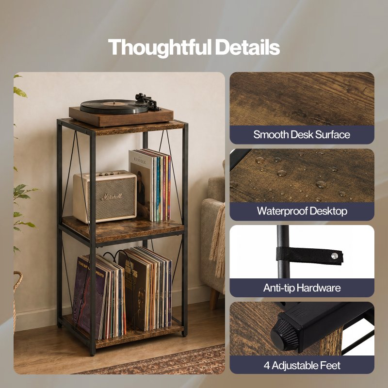 Levede Retro Record Player Stand 3 Tier Storage for Vinyl Records Brown