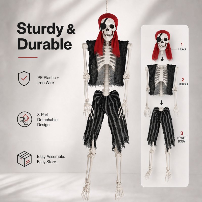 Yezi Halloween Skeleton Life Size Pirate Decor 166cm PE Plastic White