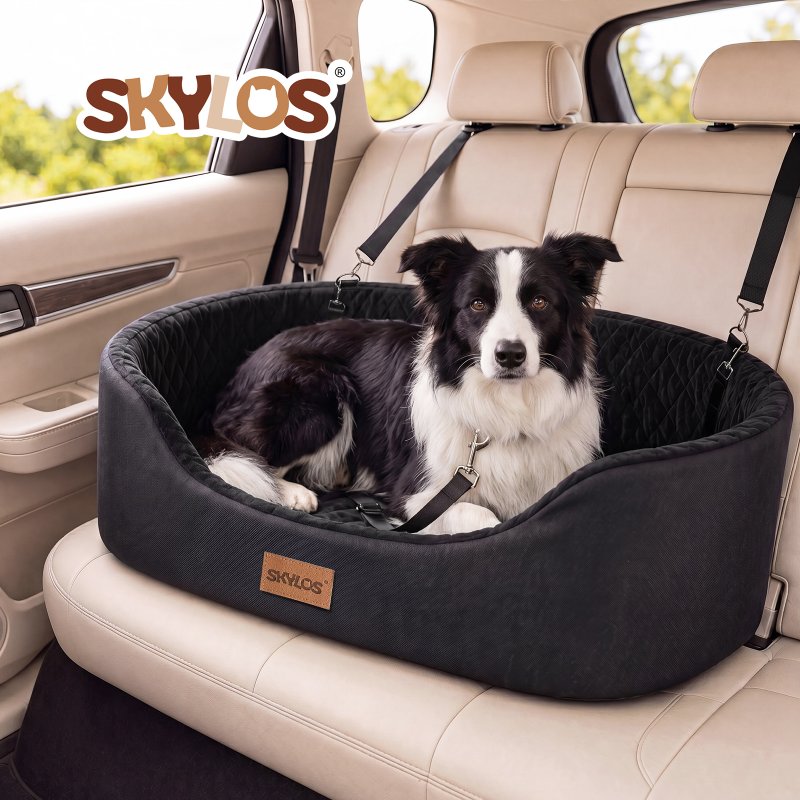 Skylos Dog Car Seat Large Booster Bed for Cars Travel SUV Black Soft Oxford