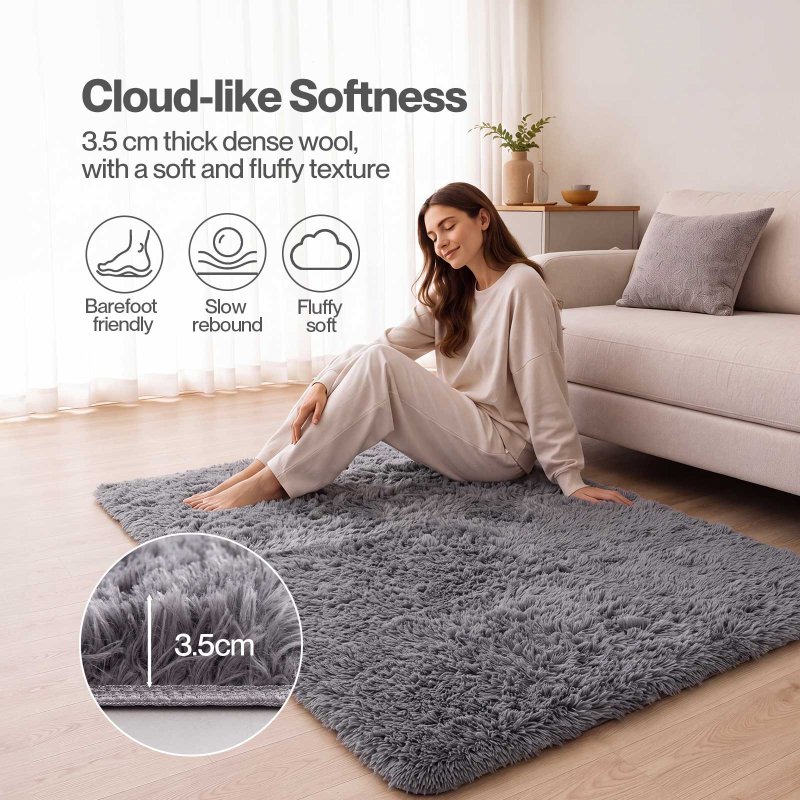 Marlow Rug Fluffy Soft Pile Carpet Non Slip Anti Shedding for Living Room Grey