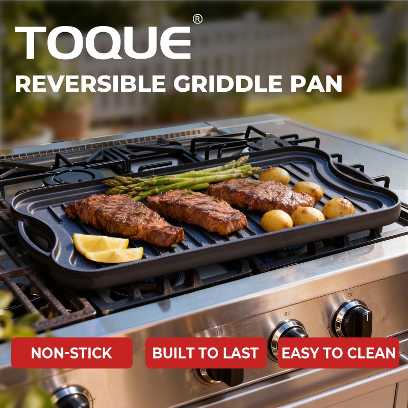 Toque Reversible Cast Iron Griddle Plate Non-Stick Grill Skillet Kitchen 50.5cm