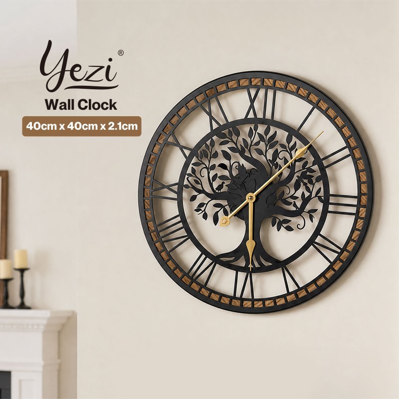 Yezi Wall Clock Silent Quartz Tree Design 40Cm Large Face For Living Room Black