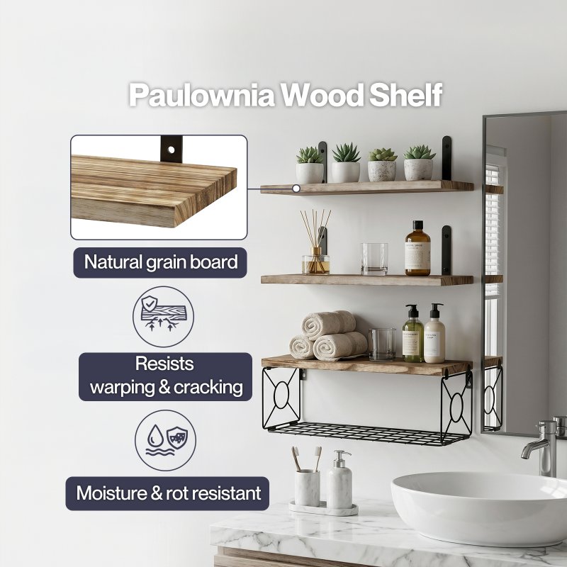 Levede Wood Floating Shelves 3 Tier Bathroom Wall Shelves with Storage Basket