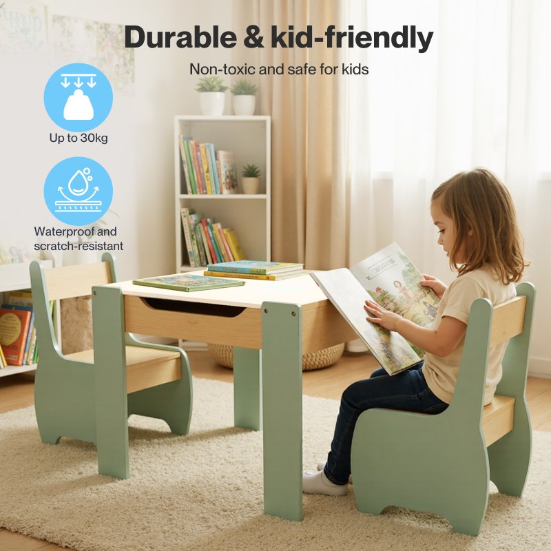 Levede Kids Table and Chair Sets 3-in-1 Study Toy Storage MDF Safe Design Green