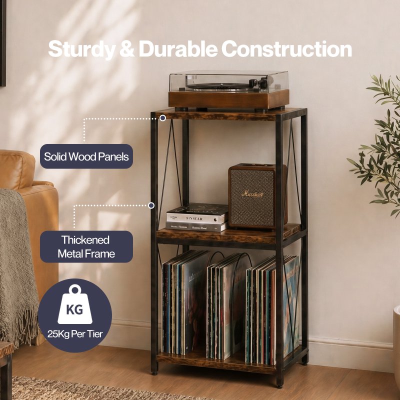 Levede Retro Record Player Stand 3 Tier Storage for Vinyl Records Brown