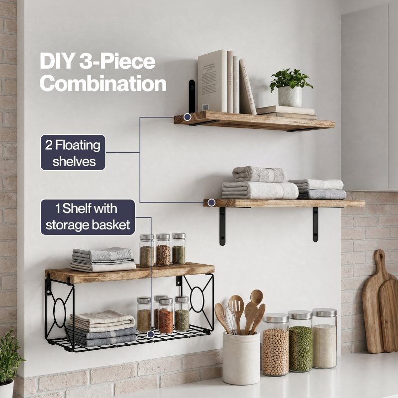 Levede Wood Floating Shelves 3 Tier Bathroom Wall Shelves with Storage Basket