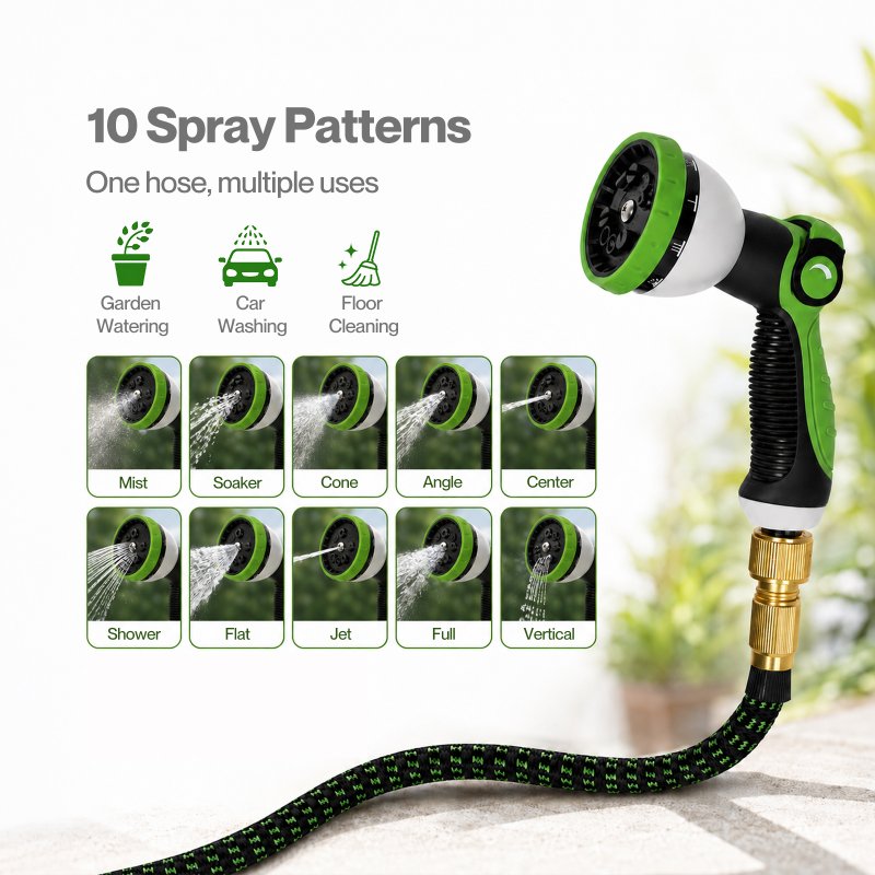 Traderight Expandable Garden Hose 10m to 30m 10-Pattern Nozzle Kink-Free Green