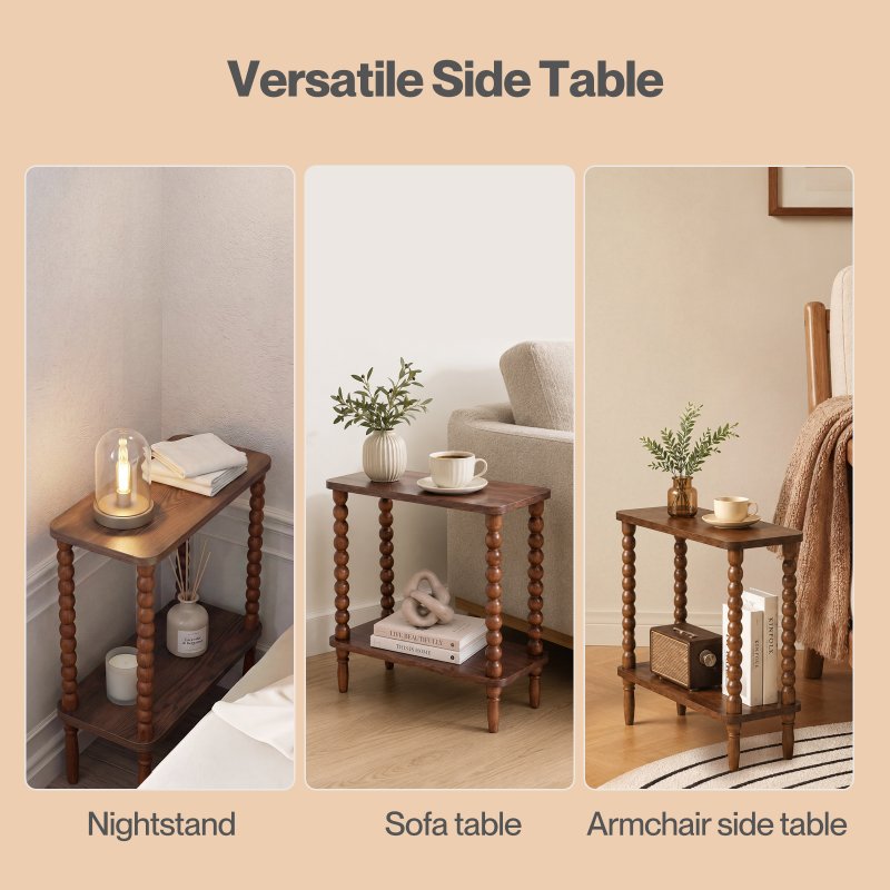 Levede Narrow Side Table 2 Tier Storage MDF End Table Rubber Wood Legs Brown