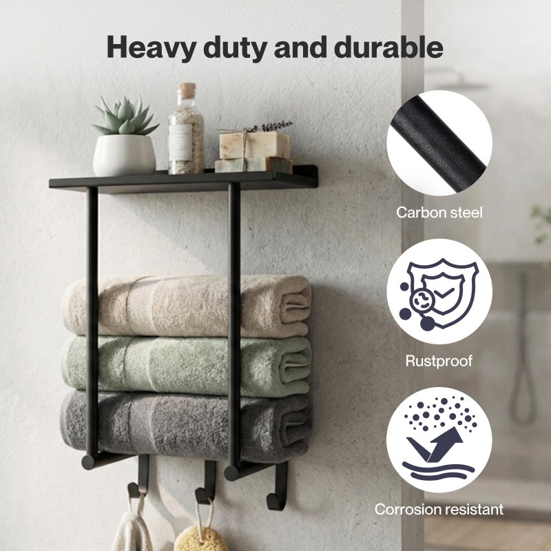 Levede Towel Rack Wall Mounted Shelf Bathroom Storage Holder with Hooks Black