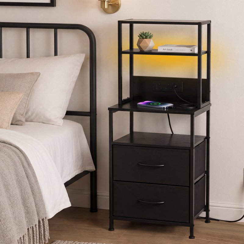 Levede Bedside Table with Charging Station,LED Light 2 Drawers Storage Black