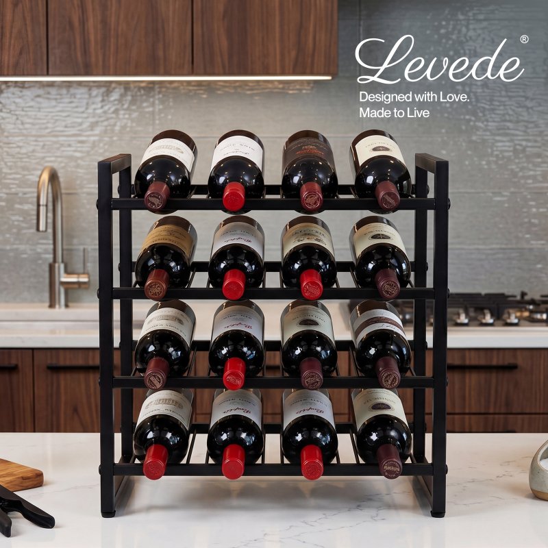 Levede 16 Bottle Wine Rack Countertop Wine Storage Organiser 4 Tier Metal Black