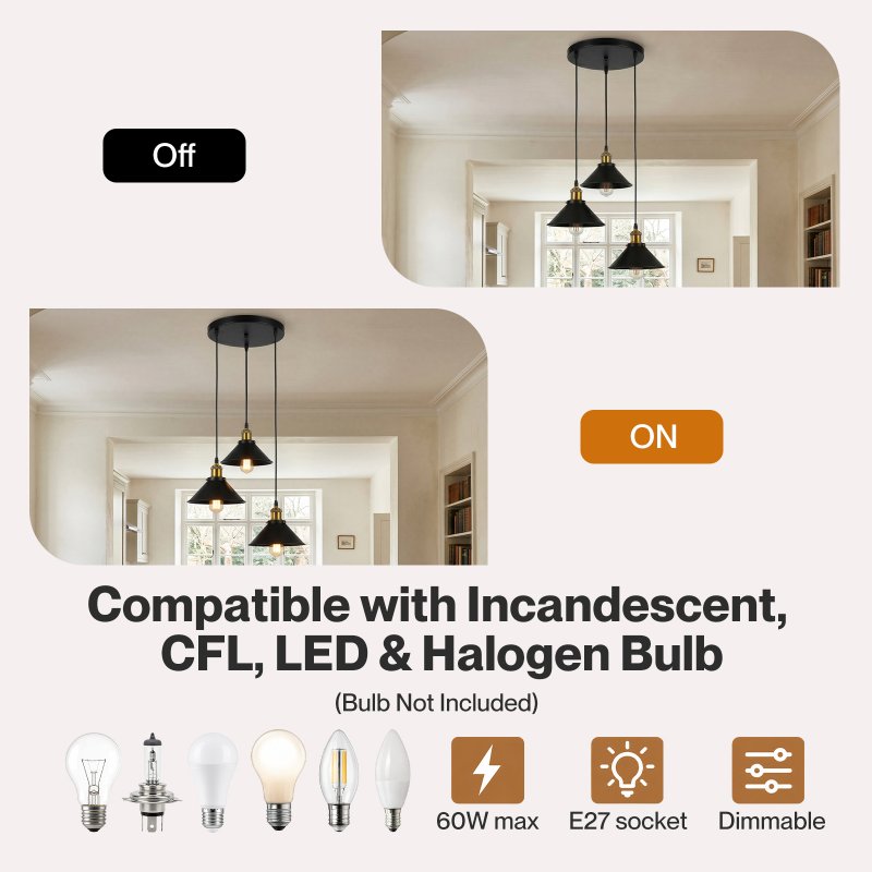 Emitto Pendant Light 3 Lights Height Adjustable Vintage Ceiling Light Black