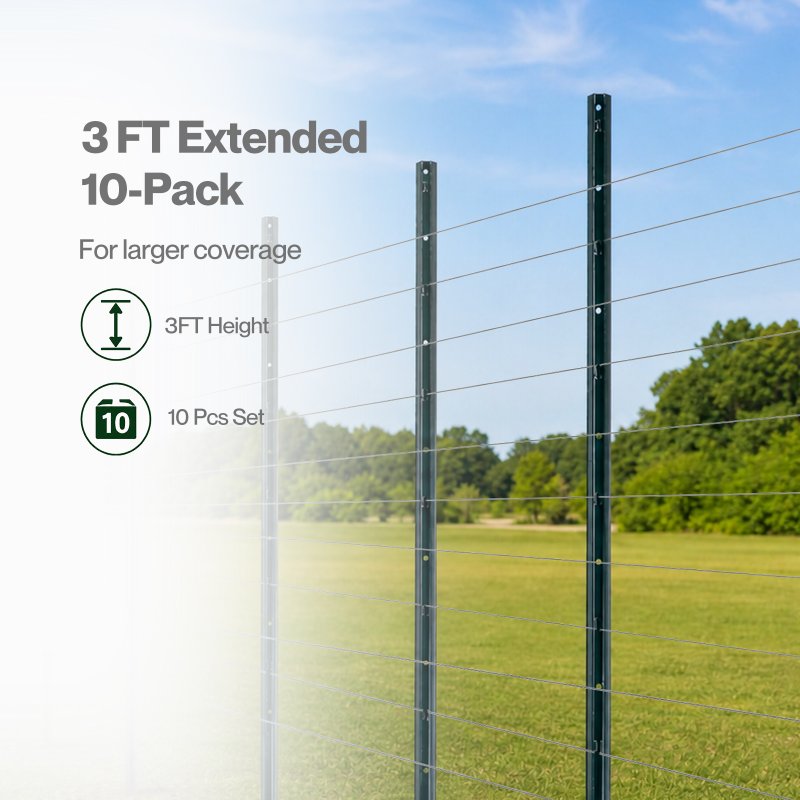 Metal Fence Posts 3Ft 10Pc Set U Shape Powder Coated for Garden Boundary Green