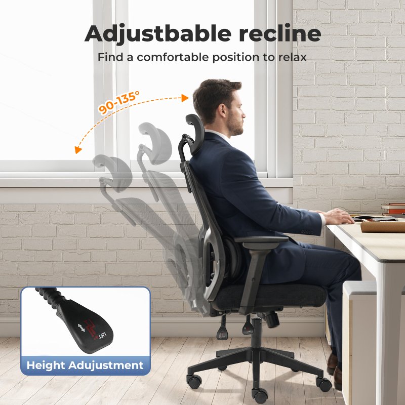 Office Computer Chair Mesh Ergonomic Lumbar Support Swivel with Armrest Headrest