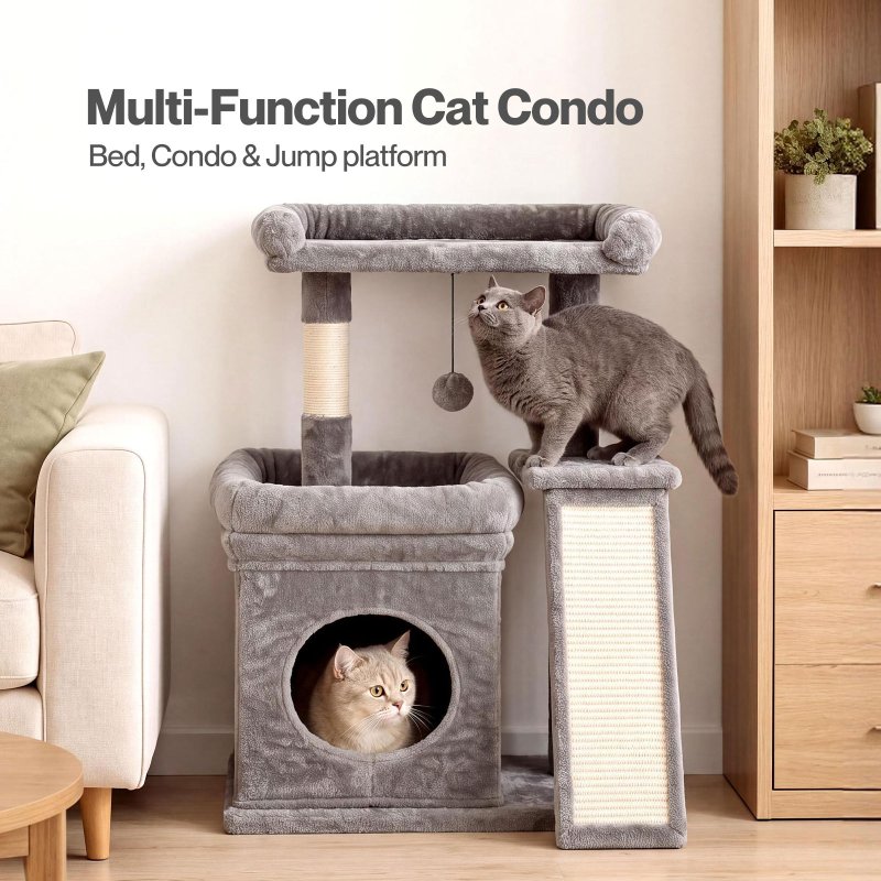 Skylos Cat Tree Tower Large Perch Condo Sisal Scratcher Indoor Felines Grey