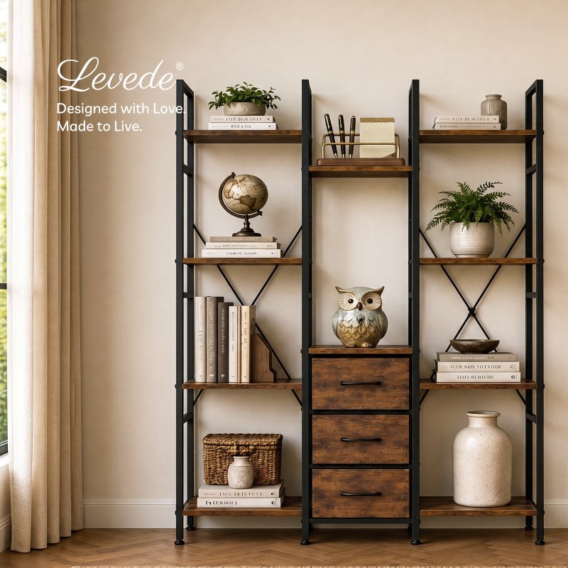 Levede Book Shelves 10 Open 3 Fabric Drawers Tall Storage Unit for Office Brown