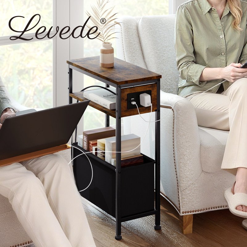 Slim Side Table with Charging Station Storage Narrow End Table Sofa Living Room