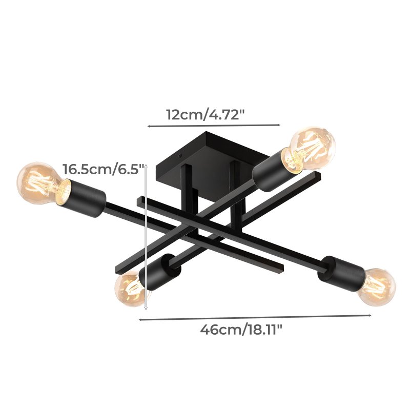 EMITTO Semi Flush Mount Ceiling Light Fixture Matte Black 4 Light E27 Socket