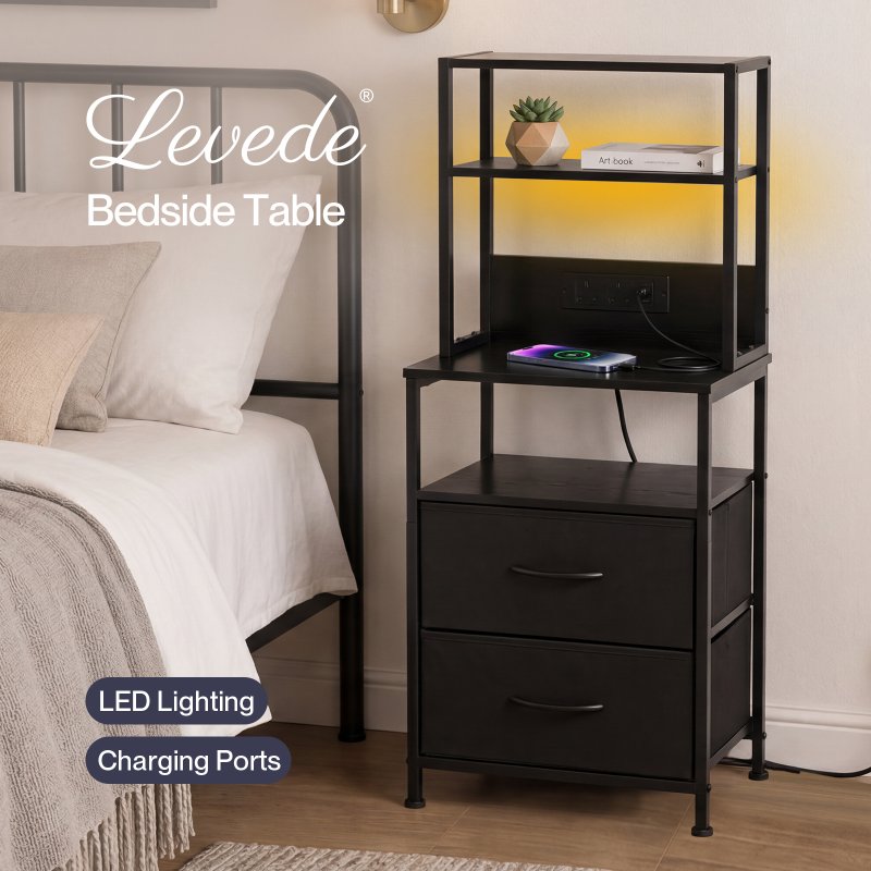 Levede Bedside Table with Charging Station,LED Light 2 Drawers Storage Black