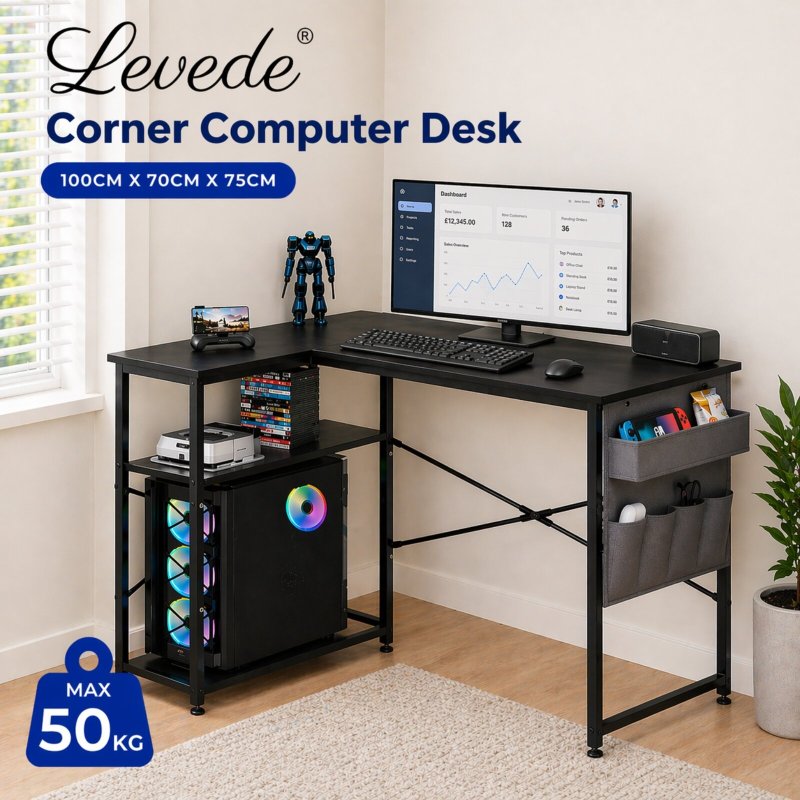 Levede L Shaped Gaming Desk with Storage Bag in Black Colour