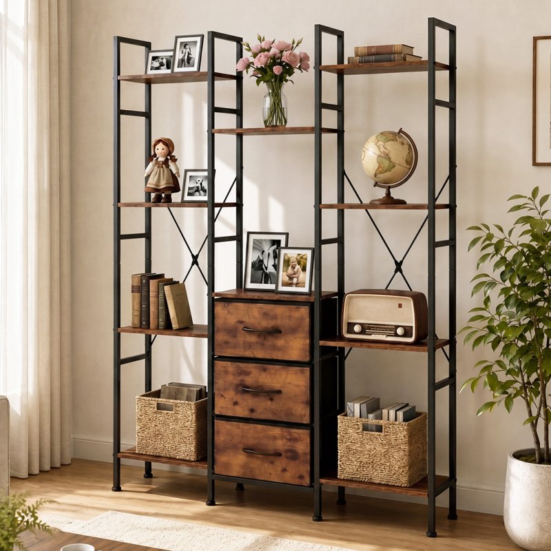 Levede Book Shelves 10 Open 3 Fabric Drawers Tall Storage Unit for Office Brown