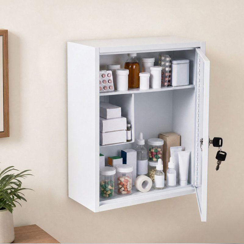 Levede Medicine Storage Box Lockable Steel Wall Cabinet 3-Tier White For Home Use