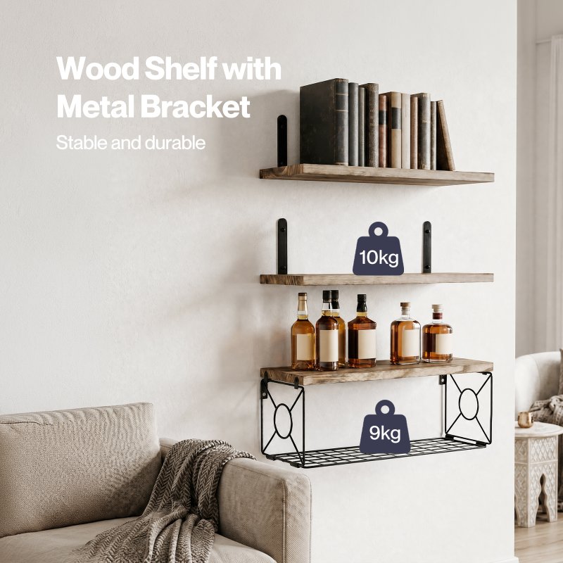 Levede Wood Floating Shelves 3 Tier Bathroom Wall Shelves with Storage Basket