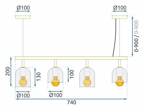 Pendant Lamp TOOLIGHT APP1030-4CP Gold White 4-light points E27 74x10x20-110cm