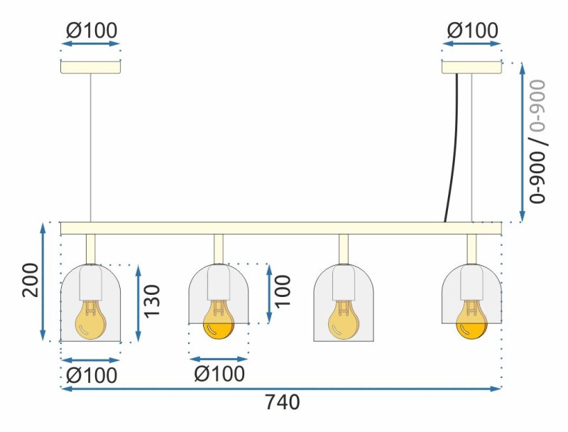 Pendant Lamp TOOLIGHT APP1031-4CP Gold Black 4-light points E27 74x10x20-110cm