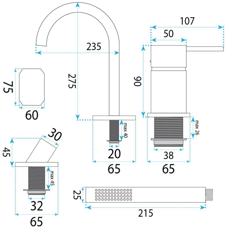 Rea 3-Hole Bathtub Faucet Lungo Chrome 23,5X6,5X27,5Cm
