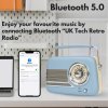 UK Technology Retro Radio, Radios Mains And Battery, Portable FM Radio Bluetooth Speaker, Rechargeable Battery, Vintage FM, Easy To Use, Transistor, Large Dial, USB Plug In (Blue)