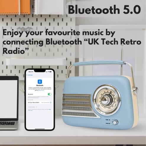 UK Technology Retro Radio, Radios Mains And Battery, Portable FM Radio Bluetooth Speaker, Rechargeable Battery, Vintage FM, Easy To Use, Transistor, Large Dial, USB Plug In (Blue)