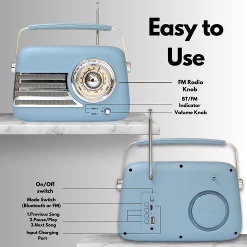 UK Technology Retro Radio, Radios Mains And Battery, Portable FM Radio Bluetooth Speaker, Rechargeable Battery, Vintage FM, Easy To Use, Transistor, Large Dial, USB Plug In (Blue)