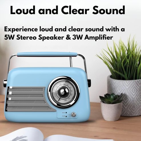 UK Technology Retro Radio, Radios Mains And Battery, Portable FM Radio Bluetooth Speaker, Rechargeable Battery, Vintage FM, Easy To Use, Transistor, Large Dial, USB Plug In (Blue)
