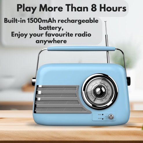 UK Technology Retro Radio, Radios Mains And Battery, Portable FM Radio Bluetooth Speaker, Rechargeable Battery, Vintage FM, Easy To Use, Transistor, Large Dial, USB Plug In (Blue)
