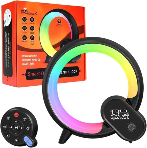 UK Technology Q Lamp, Night Lights Bluetooth Speaker, Bedside Lamp, Dimmable Night Light, Remote Control Lights, Alarm Clock with Music App Control, Smart Light for Bedroom, Teenage Girls Boys Gift