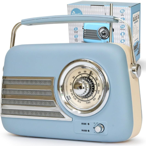 UK Technology Retro Radio, Radios Mains And Battery, Portable FM Radio Bluetooth Speaker, Rechargeable Battery, Vintage FM, Easy To Use, Transistor, Large Dial, USB Plug In (Blue)
