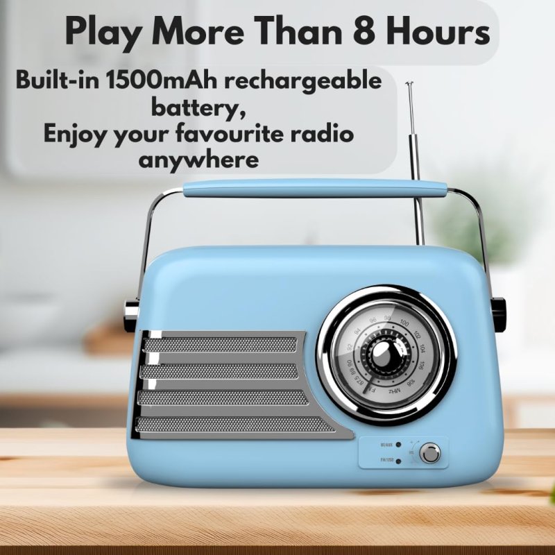 UK Technology Retro Radio, Radios Mains And Battery, Portable FM Radio Bluetooth Speaker, Rechargeable Battery, Vintage FM, Easy To Use, Transistor, Large Dial, USB Plug In (Blue)