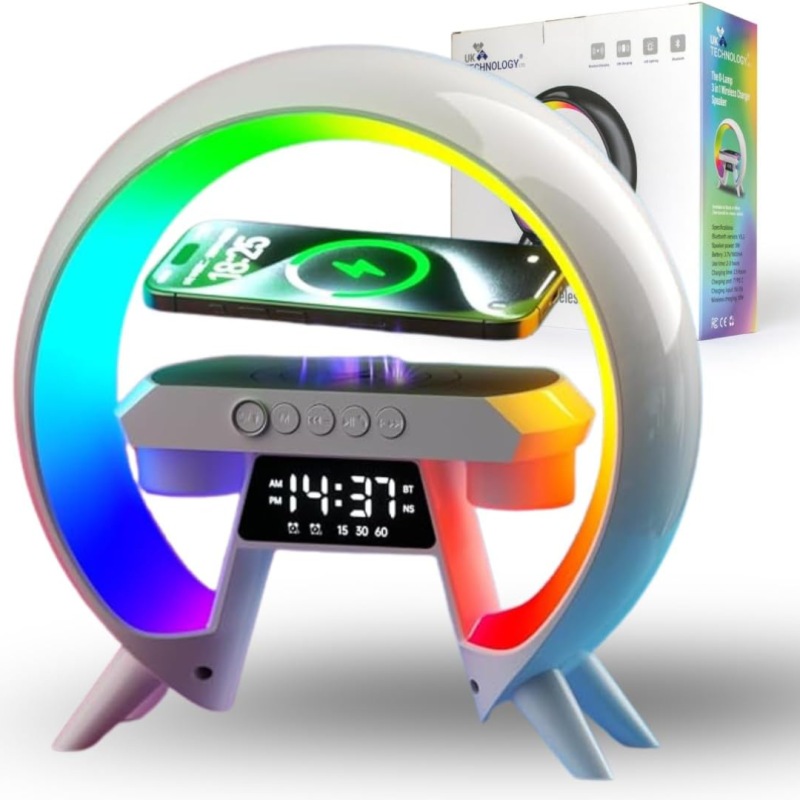 UK Technology O Lamp, Night Lights Bedside Lamp, 15W Wireless Charger, Dimmable Mood Light, Bedside Alarm Clock, Bluetooth Speaker, Ambient Night Light for Bedroom, Teenage Boy Girl Gifts