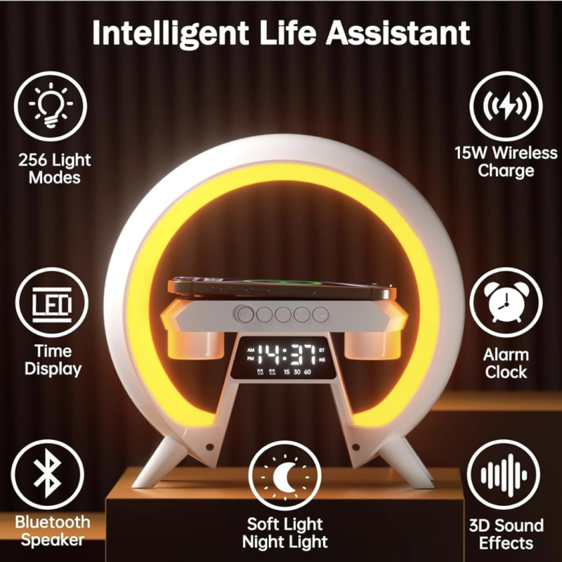 UK Technology O Lamp, Night Lights Bedside Lamp, 15W Wireless Charger, Dimmable Mood Light, Bedside Alarm Clock, Bluetooth Speaker, Ambient Night Light for Bedroom, Teenage Boy Girl Gifts